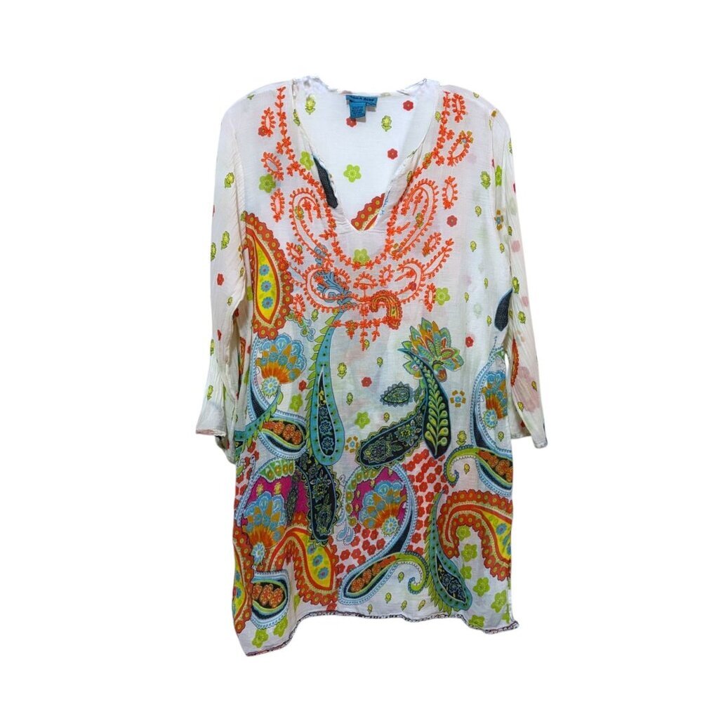 Y2K Aqua Blue Embroidered Tunic Top XL Gauzy Semi Sheer Preppy 100% Cotton